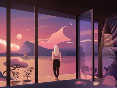 Seaside Apartment apartment branding coffee evening fireart girl holidays illustration landscape light moon mountains night seaside see summer sunrise sunset vine woman