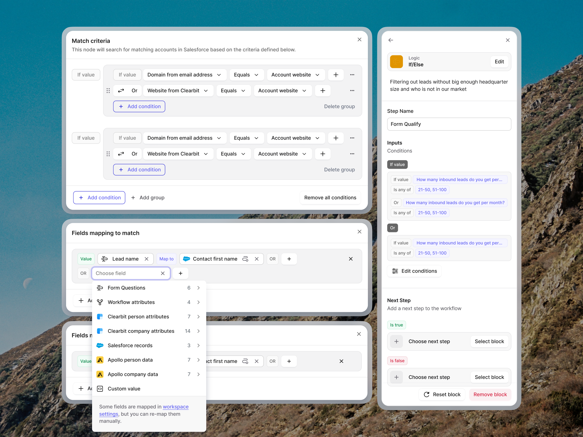 Default Workflow bilder — Field mapping elements apollo canvas clay clearbit data data platform default dropdown enrichment field mapping fields filters integrations interaction modals popup side menu side panel sorting
