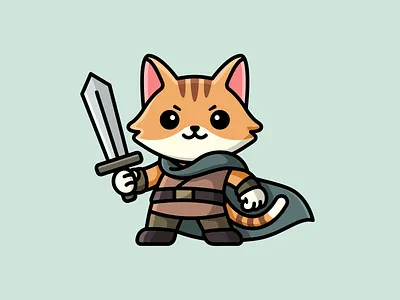 Cute Warrior Cat Mascot adorable alfrey davilla army brand mascot brave cape cartoon cat mascot cat warrior character design chibi cute game gaming hero illustration kawaii kitten knight sword