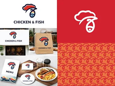 Chicken Fish Logo brand brand pattern branding brandlogo cock dinner farm fish food graphic design hen logo logodesign meat package design pattern red restaurant rooster vector