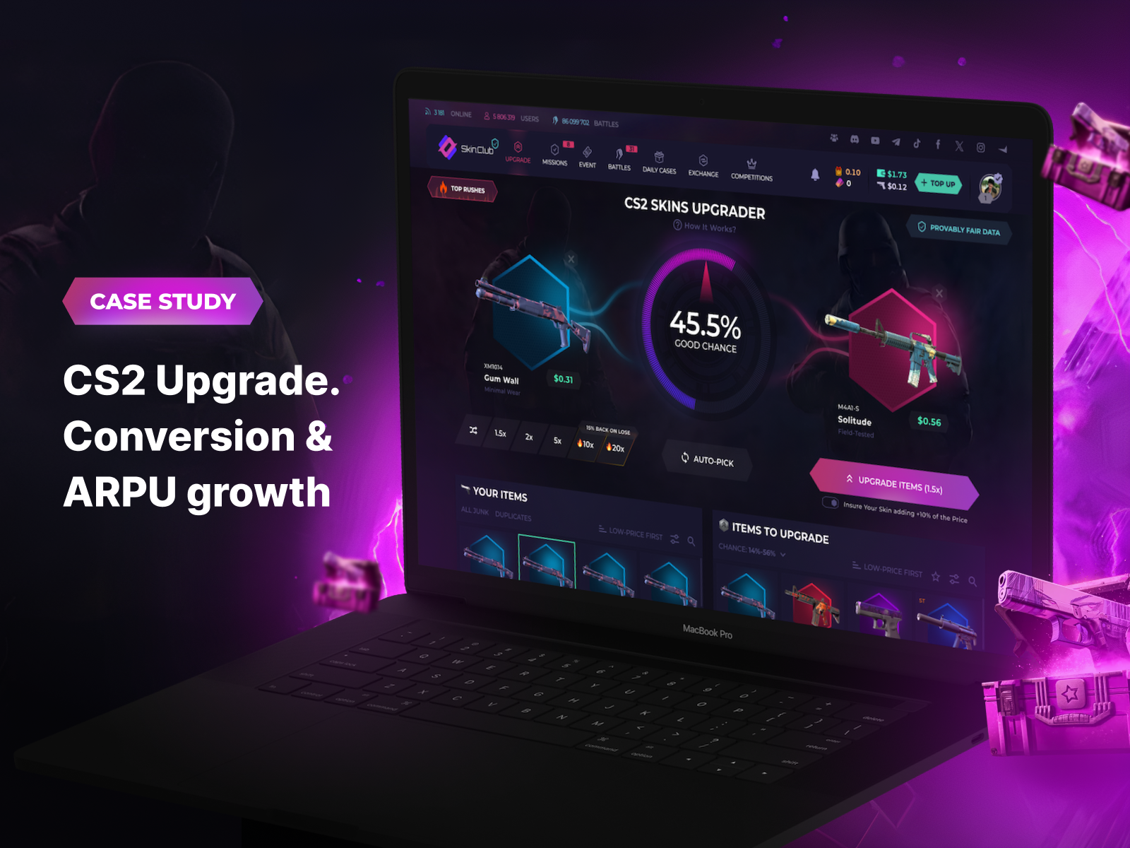 Skin.Club CS2 Upgrade Case Study arpu case study conversion counter strike cs 2 upgrade cs2 dark ui figma gambling mobile neon skins skins cs ui upgrade ux ux case study web