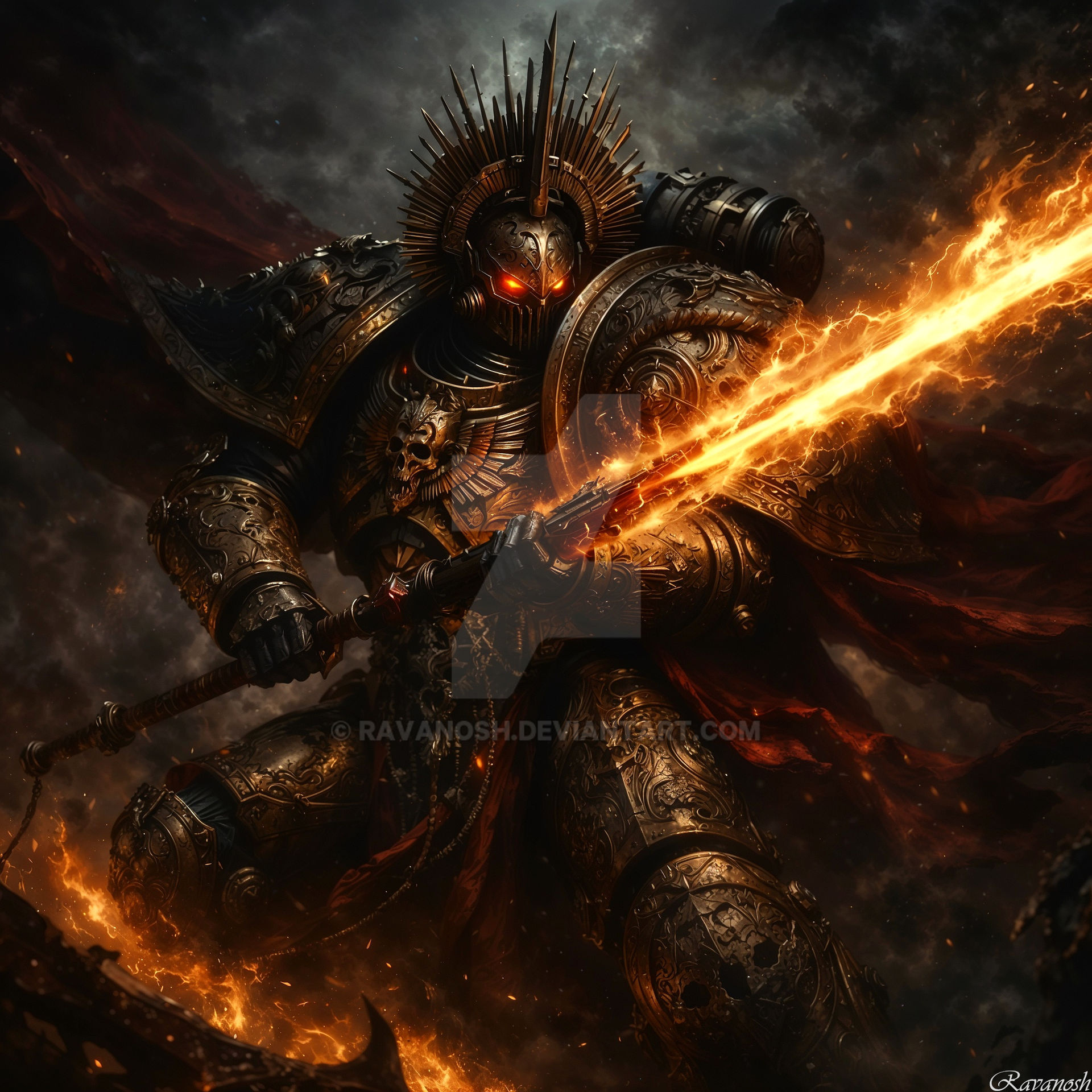 Hayani Rimush, Blade Champion of the Custodes 2d armordesign cinematic conceptart detailedart digitalart graphic design intense ominous scifi scififantasy