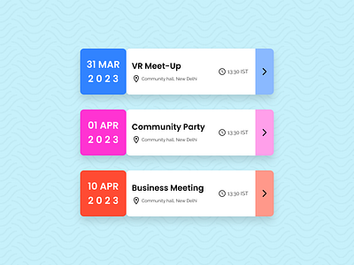 Events Listing Day 70 application business calender cards colors daily ui 70 dates event events illustration listing meeting mobile notes notification reminders responsive tickets trending