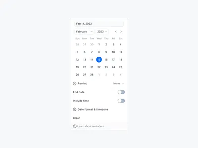 Date Picker | Create reminders calendar clear components date format date picker datepicker design design system dropdown interface menu minimal notion product designer remind sergushkin ui ux web website