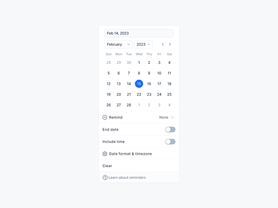 Date Picker | Create reminders calendar clear components date format date picker datepicker design design system dropdown interface menu minimal notion product designer remind sergushkin ui ux web website