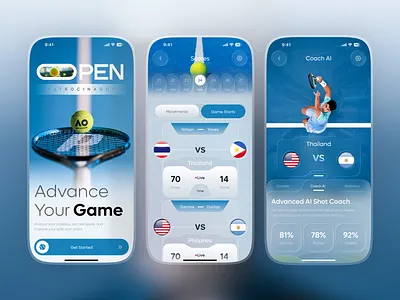 Tennis Live Scoring & Training App ai coaching interface app design athletic performance tracker fitness app design game glassmorphism design ios design live live score app minimal ui mobile app ui movements analysis ui product design score sports analytics app sports app sports management software tennis tennis app tennis tournament app