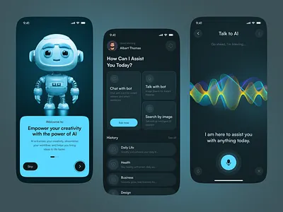 AI Assistant Mobile App UI – Voice Chat & Smart Interaction 3d ai app design artificialintelligence assistant chat clean design dark mode dribbble figma home interaction mobile app onboarding product design ui ux voice