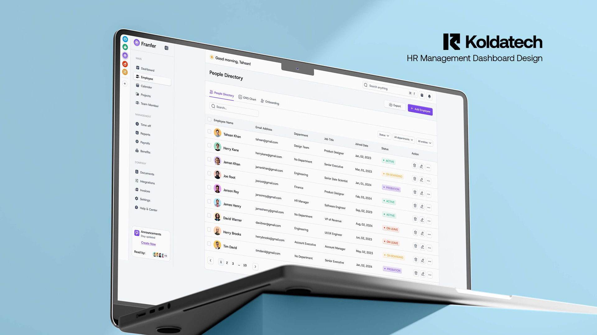 HR Management Dashboard dashboard design graphic design hr design product design system design ui uiux design ux visual design web design website