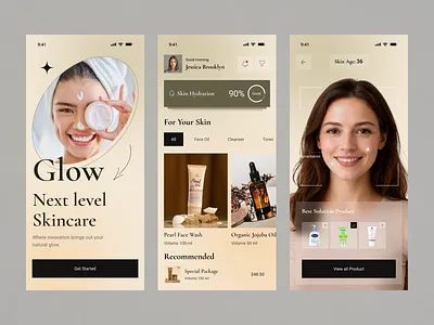 Glow Skincare App UI — Smart Beauty & Skin Analysis Experience ai app ai skincare app ui beauty app beauty tech beauty ui clean ui cosmetic app dashboard ui ecommerce app health app mobile app design modern ui product design skin analysis app skincare app skincare ui ui ux design wellness app