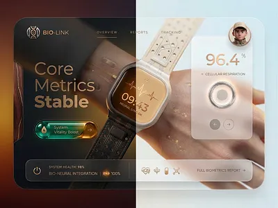 Next-Gen Bio-Neural Wearable | Glassmorphism Health Tracking Das app design bio feedback biometric data clean ui dashboard futuristic glasmorphism health tracking health ui interface design minimalism modern design neural link omniwear product design smartwatch design user experience user interface ux wearables