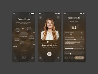 Passion Finder App – Self Discovery Mobile UI app concept clean design dark ui figma gradient ui interaction design ios app lifestyle app mindfulness minimal design mobile app modern ui onboarding personal growth product design self discovery startup design ui design ux design wellness app