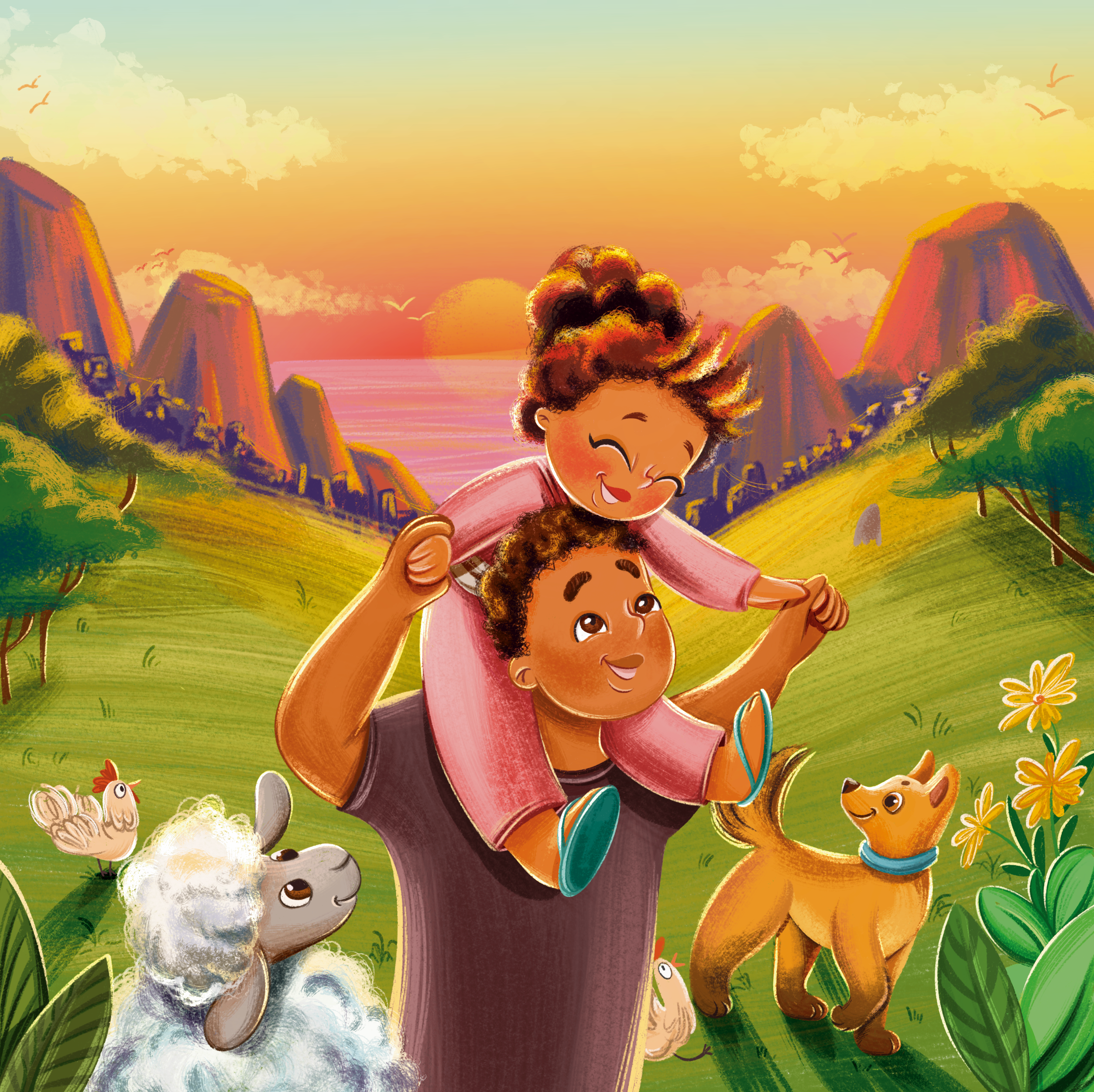 Family | Cozy illustration for kids book art card chicken clouds dad daughter dog family farm father flower happy landscape posrcard see sheep sunset tree