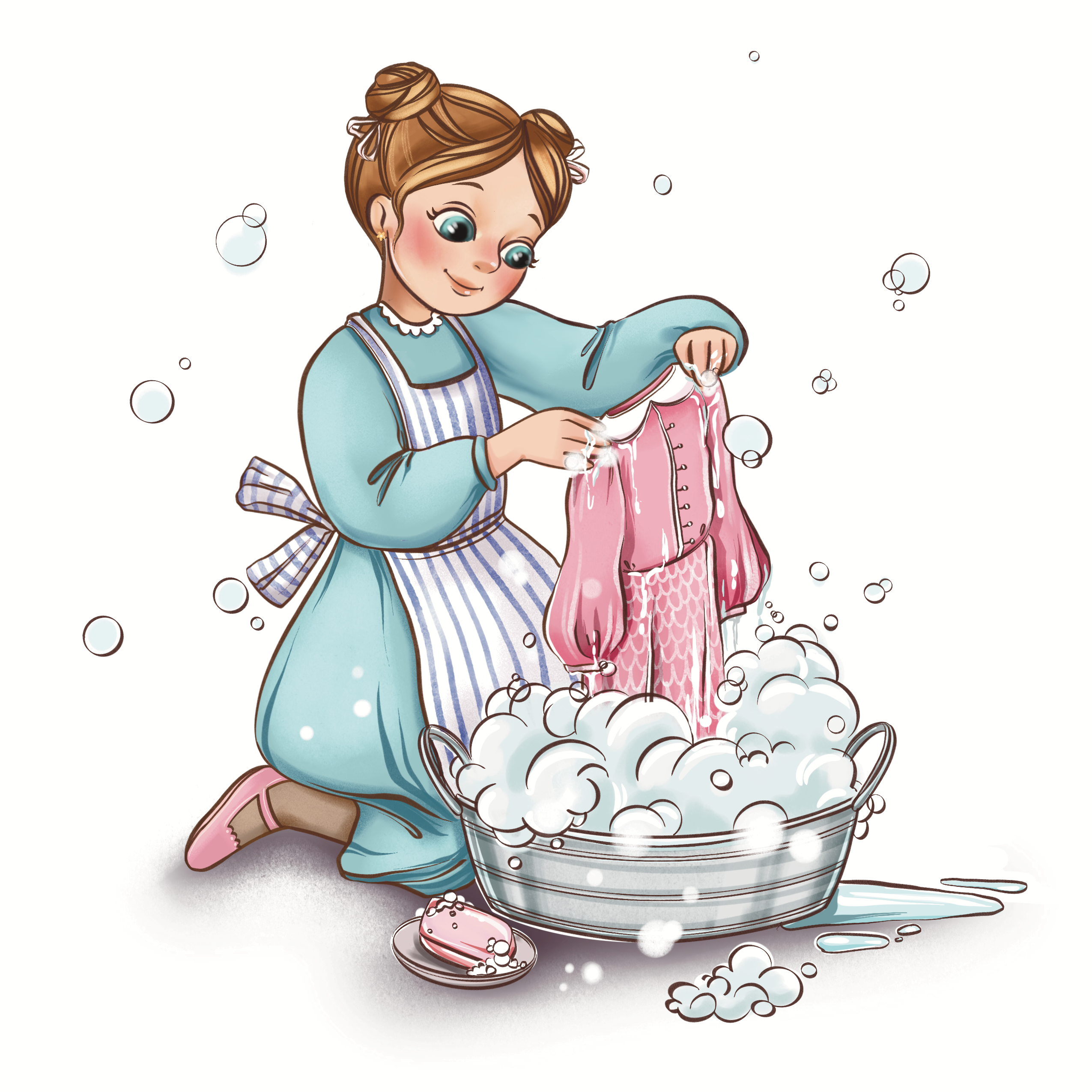 Bubble Wash | Illustration of a girl 2d bubbles calm mood cute illustration digital art flat girl character hand drawn illustration kids art minimal background minimal illustration watercolor whimsical white background