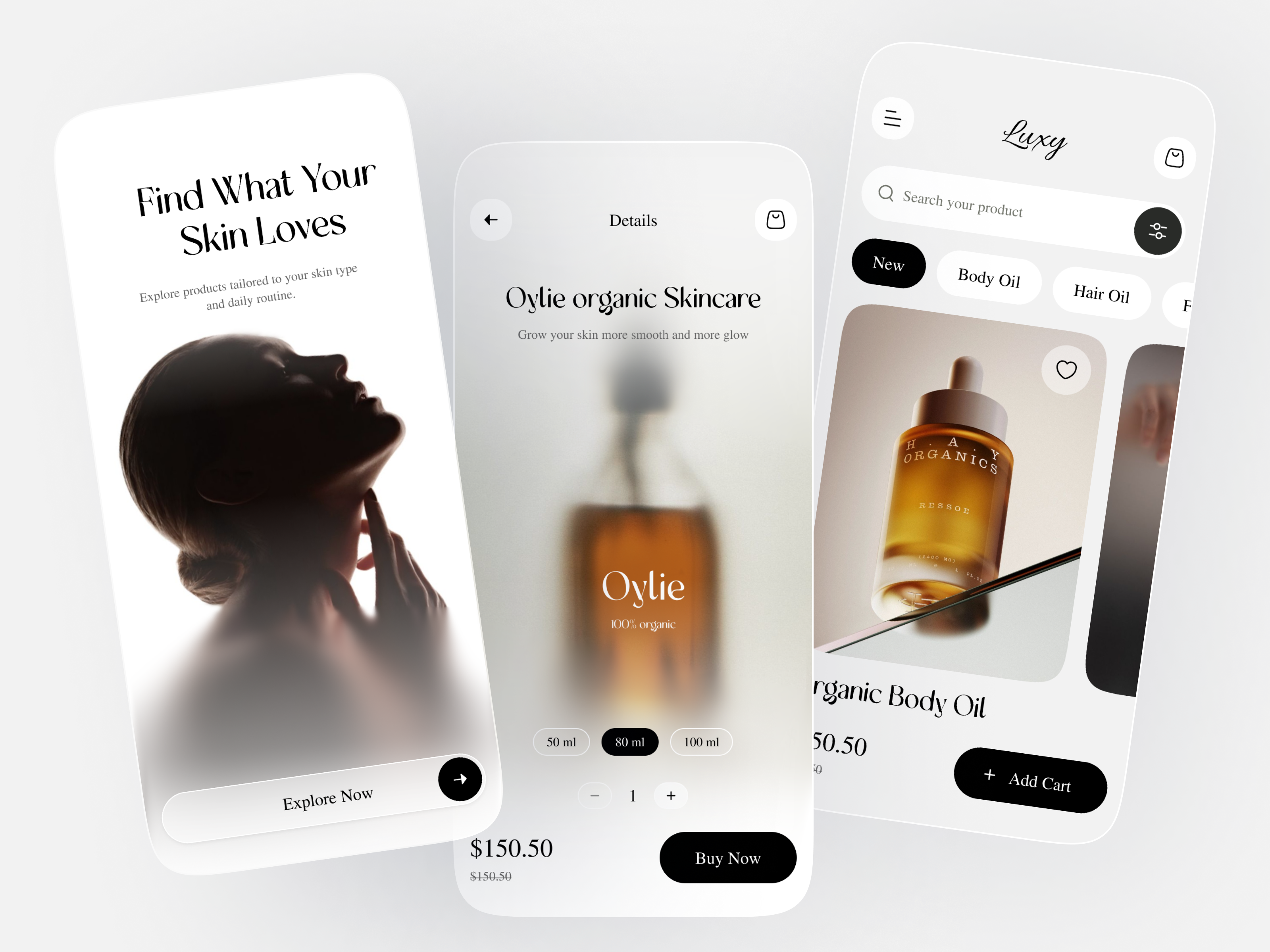Luxury Skincare Product App UI app ui beautyapp cleanui cosmetics ecommerce ecommerceapp figma luxury product luxurydesign minimaldesign mobile app modernui online store productdesign shoppingapp skincare skincare app skincareapp uiux userexperience