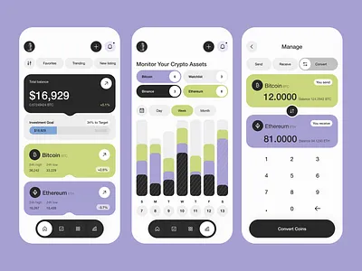 Crypto Portfolio App – iOS Dashboard with Asset Monitoring app app design bitcoin blockchain branding crypto cryptocurrency dashboard design ethereum fintech graphic design interface ios mobile app portfolio app ui ui design ux ux design