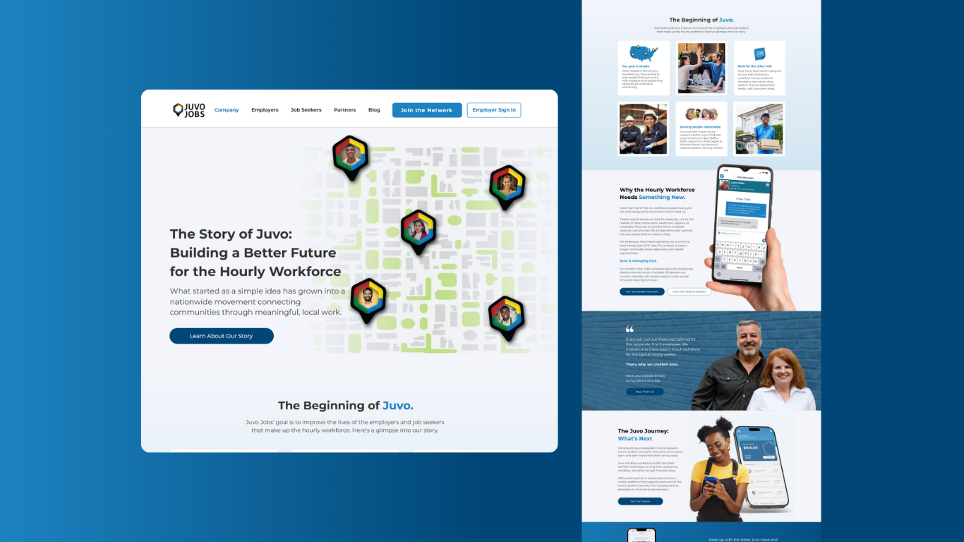 Company Story Website Design | Jobs App Platform about us about us page app app about us app screenshots app website brand page branding clean design company story company story web design graphic design jobs jobs platform startup tech website ui ui design ux website design