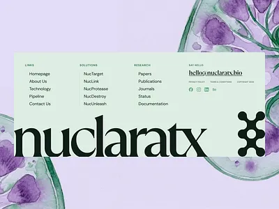 nuclaratx: AI Radiopharmaceutical & Oncology - Footer Component ai dosimetry biopharma biotech biotech branding biotech website chelation chemistry drug discovery drug discovery website green life sciences website ligand engineering minimal modern oncology precision medicine precision oncology purple radiopharmaceuticals theranostics website footer design