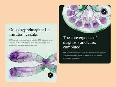 nuclaratx: AI Oncology & Radiopharma - CTA Card Component UI biopharma biotech biotech branding biotech website chelation chemistry chromosome illustration cta card ui drug discovery green life sciences ligand engineering minimal modern oncology precision medicine precision oncology purple radiopharmaceuticals theranostics watercolor illustration