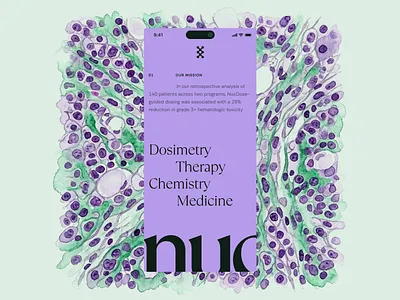 nuclaratx: AI Oncology & Chelation Chemistry - Mobile Hero UI ai dosimetry biology cells biopharma biotech biotech mobile design biotech website chelation chemistry drug discovery green life sciences ligand engineering minimal modern oncology precision medicine precision oncology purple radiopharmaceuticals theranostics watercolor