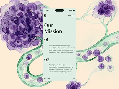 nuclaratx: Isotopic Oncology & Radiopharma - Science Mobile UI biopharma biotech biotech mobile design cancer cell cancer cell illustration cancer metastasis chelation chemistry drug discovery drug discovery website green life sciences ligand engineering minimal modern oncology precision medicine purple radiopharmaceuticals tumor cell watercolor