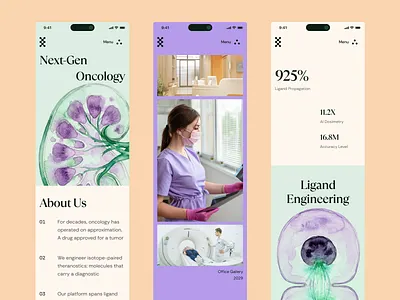 nuclaratx: AI Oncology & Ligand Engineering - Mobile Pattern UI biopharma biotech biotech branding biotech mobile design biotech website chelation chemistry drug discovery drug discovery website green kidney organ illustration life sciences ligand engineering minimal modern oncology precision medicine precision oncology purple radiopharmaceuticals theranostics