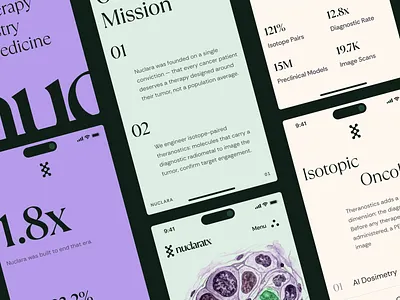 nuclara: AI Precision Oncology & Radiopharma - Biotech Mobile UI ai dosimetry biopharma biotech biotech branding biotech mobile design biotech website chelation chemistry drug discovery drug discovery website green life sciences ligand engineering minimal modern oncology precision medicine precision oncology purple radiopharmaceuticals theranostics