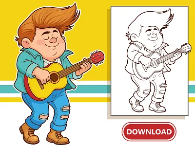 Funny Musician Playing Guitar Cartoon Character Illustration beehaya cartoon character character design character illustration coloring page creative cute funny graphic design guitar guitarist illustration music music illustration musician