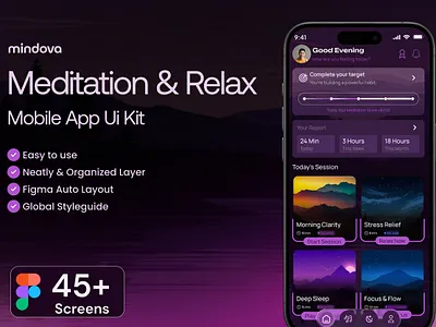 Mindova – Meditation & Relax Mobile App UI Kit app app design design figma mobile app ui uiux user experience