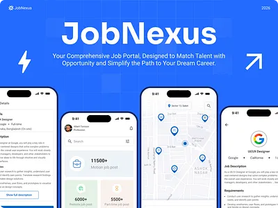 JobNexus — Job Finder App UI UX Design careerapplication careermobileapp hiringplatform hrtechdesign iosappdesign jobboarddesign jobfinderapp jobfinderappdesign joblistingui jobmarketplaceui jobportaldesign jobsearchapp locationbasedapp mobileappdesign mobileuidesign productdesign recruitmentappdesign remotejobapp talentplatform uiuxdesign