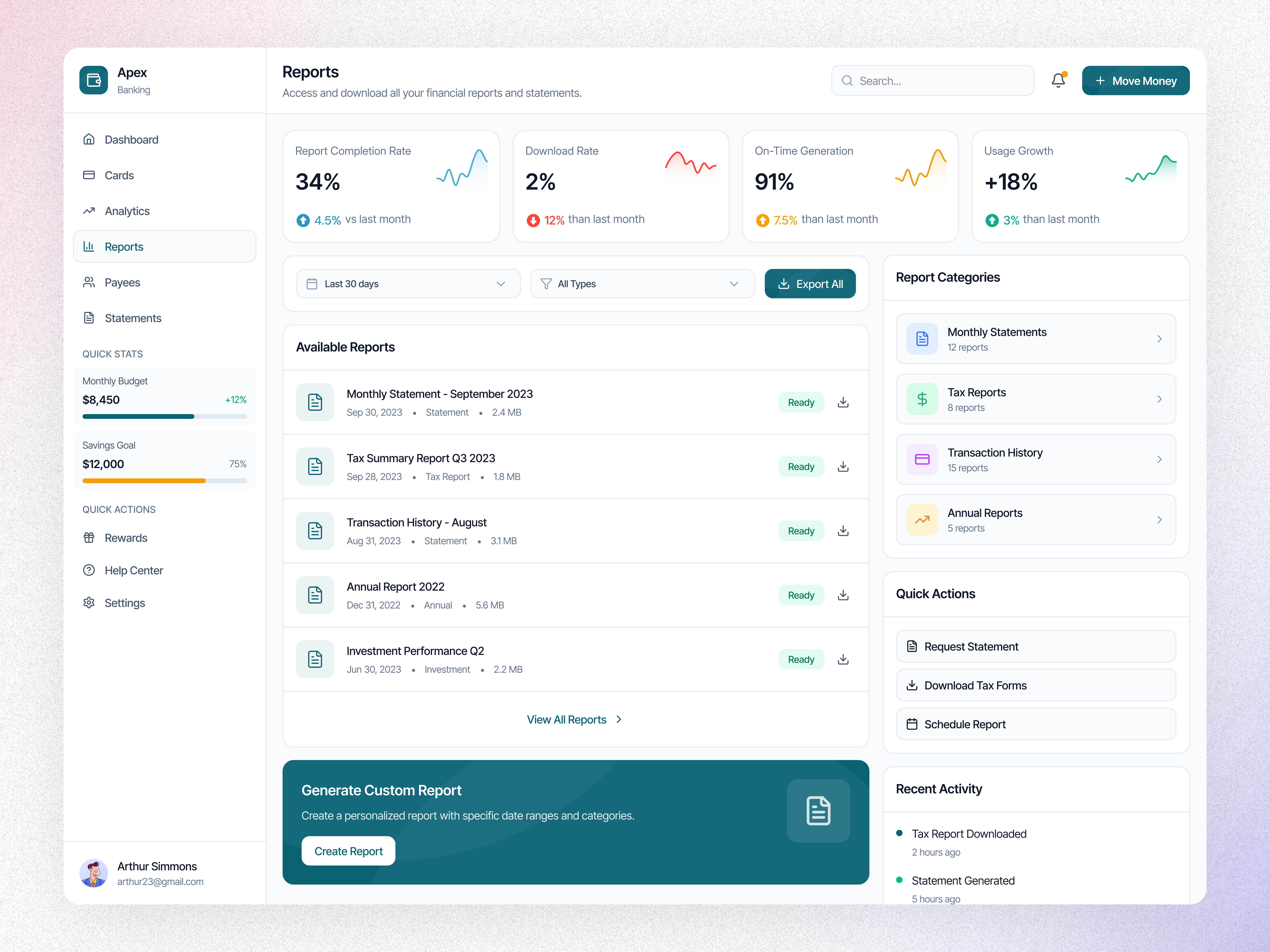 Apex Finance Management Webapp (Reports Page) bankingapp figmadesign financialreporting fintechdesign neobank personalfinance productdesign reportsdesign startupfounder taxreports techstartup wealthmanagement webappui