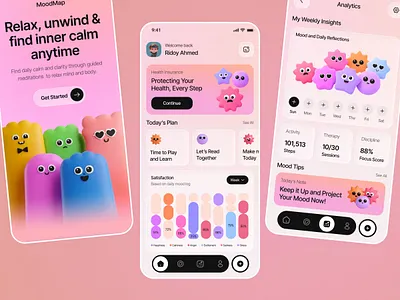 MoodMap — Playful Mood Tracking & Wellness App UI ai mood app app design finance health healthcare ai app medical meditation mental health mental health ai mental health ai app mental health app mindfulness app mobile app mood mood tracker mood tracker app ui ux wellness app