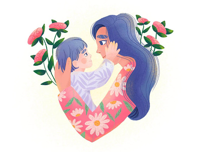 Mom and son character design family flat flower hug illustration love mom son woman