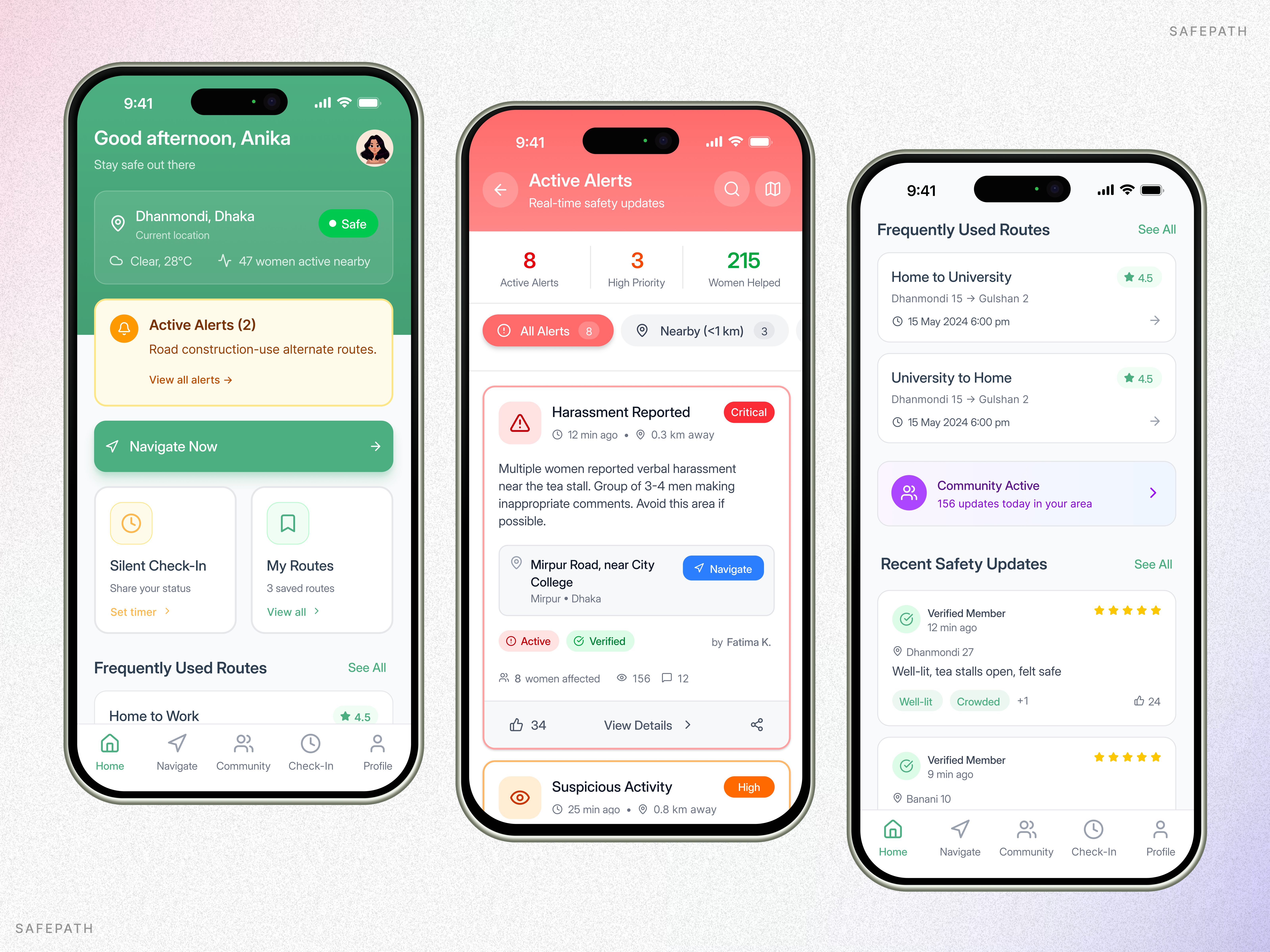 SafePath Mobile App 2026 communityapp impactdesign iosdesign mobileappdesign mobileui safetyapp socialimpactdesign techforgood womenempowerment womensafety