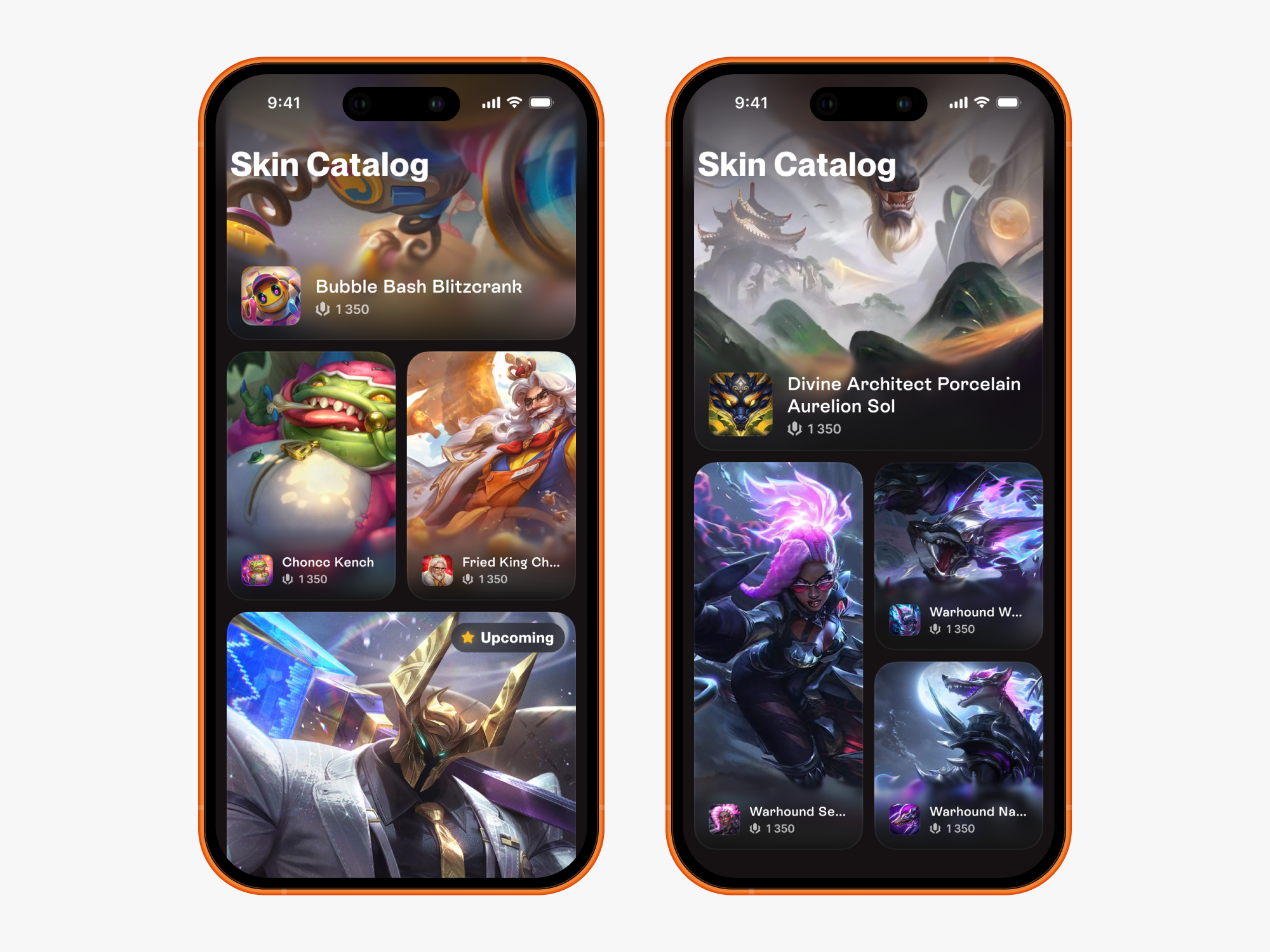 League of Legends Skin Catalog Concept app blitzcrank figma game skins games gaming graphic design illustrations iphone kfc league of legends lol mobile games riot games skin catalog skins tahm kench ui