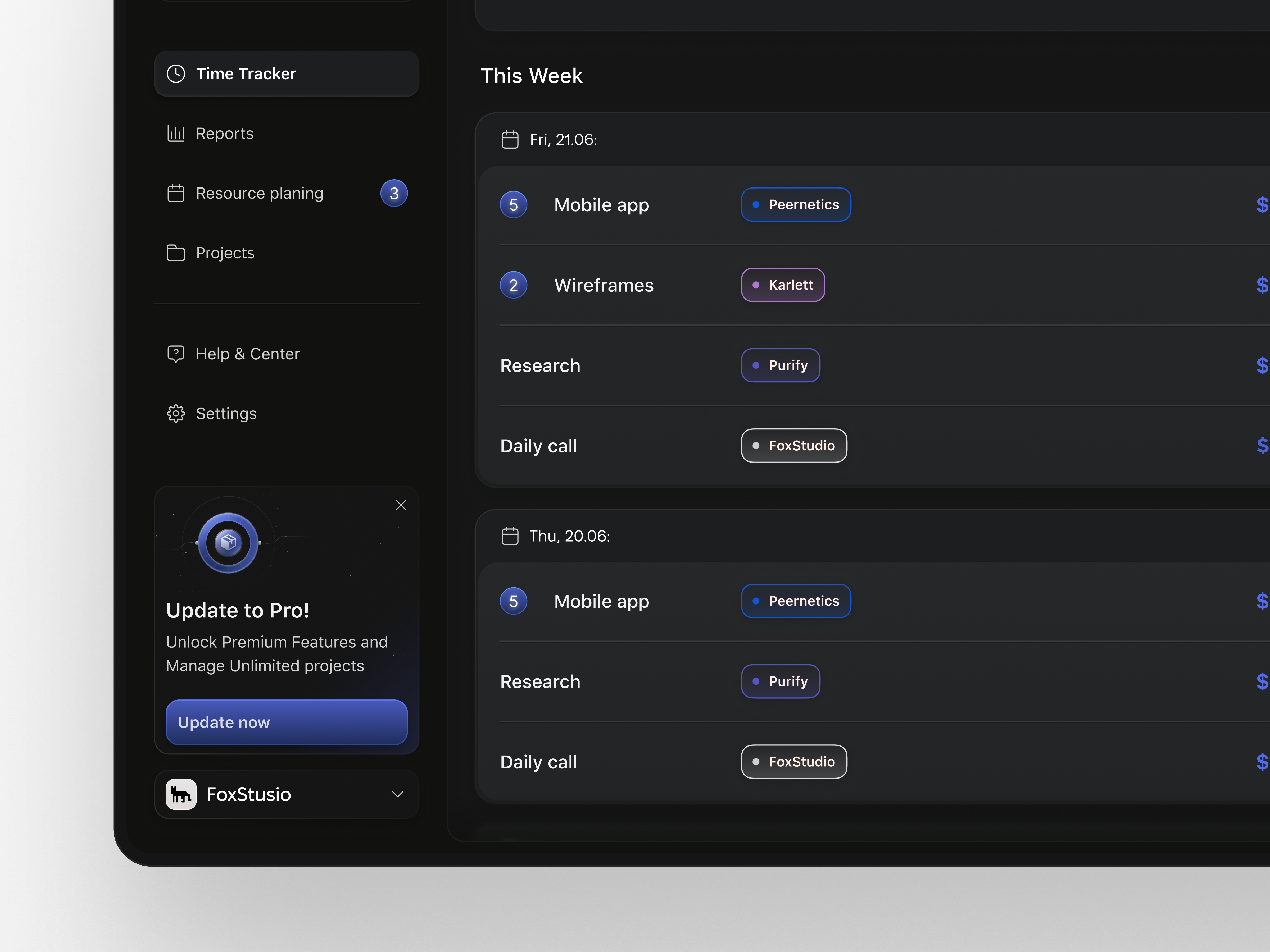 Time Tracker Dashboard — Dark SaaS UI analytics app app design clean ui dark mode dark ui dashboard data visualization interface design minimal modern ui project management saas time tracking ui ui design user interface ux ux design work management