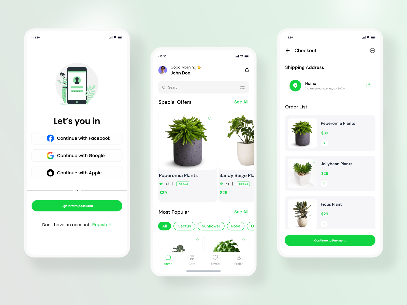 Plant E-commerce Mobile App UI appdesign cleanui ecofriendly ecommerce greenui minimal mobileapp modernui nature plantapp plantshop shoppingapp ui uidesign uiux userexperience ux