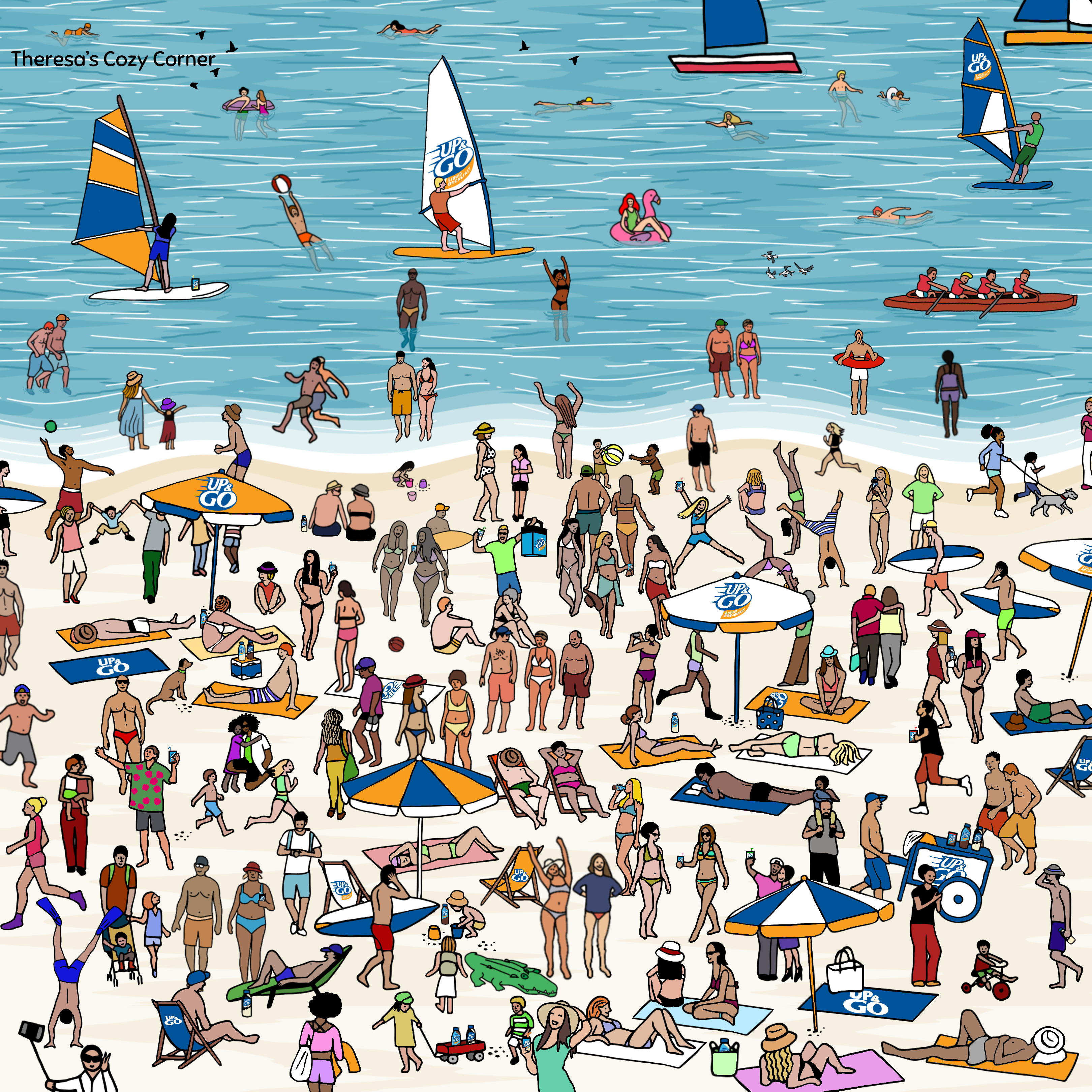 Detailed Beach Scene Search and Find Wimmelbild for Up & Go book illustration branding busy illustration detailed digitally hand drawn drawing hand drawn hidden object illustration search and find seek and find social media content social media illustration waldo wally where is waldo where is wally wheres waldo wheres wally wimmelbild