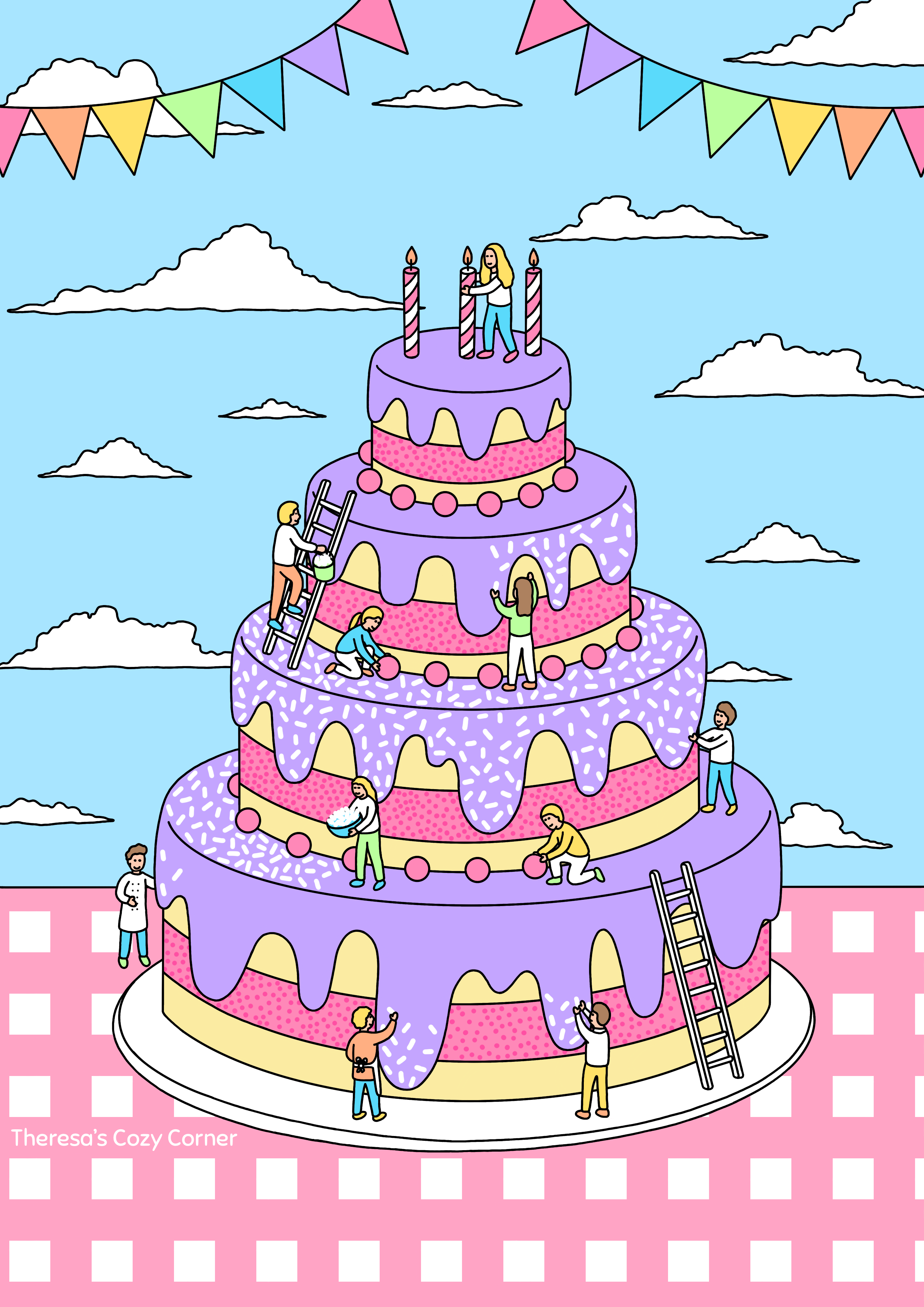 Tiny People Decorating A Cake Illustration branding drawing hand drawn illustration little people people doing things pocket people search and find seek and find tiny people tiny people doing big things tiny people in big places waldo wally where is waldo where is wally wheres waldo wheres wally