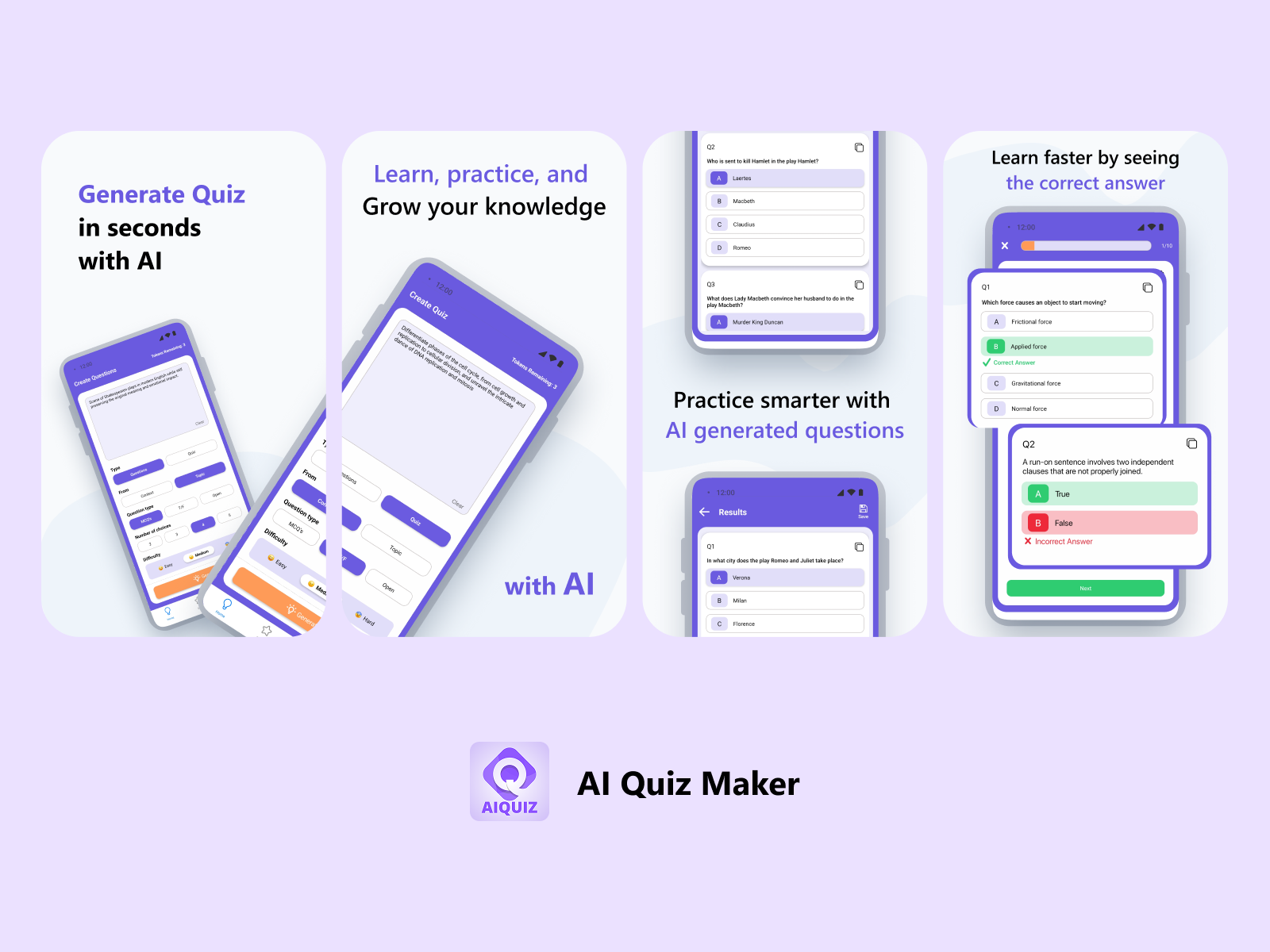 AI Quiz Maker Screenshots aiapp app store screenshots appmarketing appscreenshotdesign appscreenshots appstore mobileapp mobilescreenshots onboarding play store screenshots playstore productpresentation screenshotsdesign ui uidesign userexperience ux