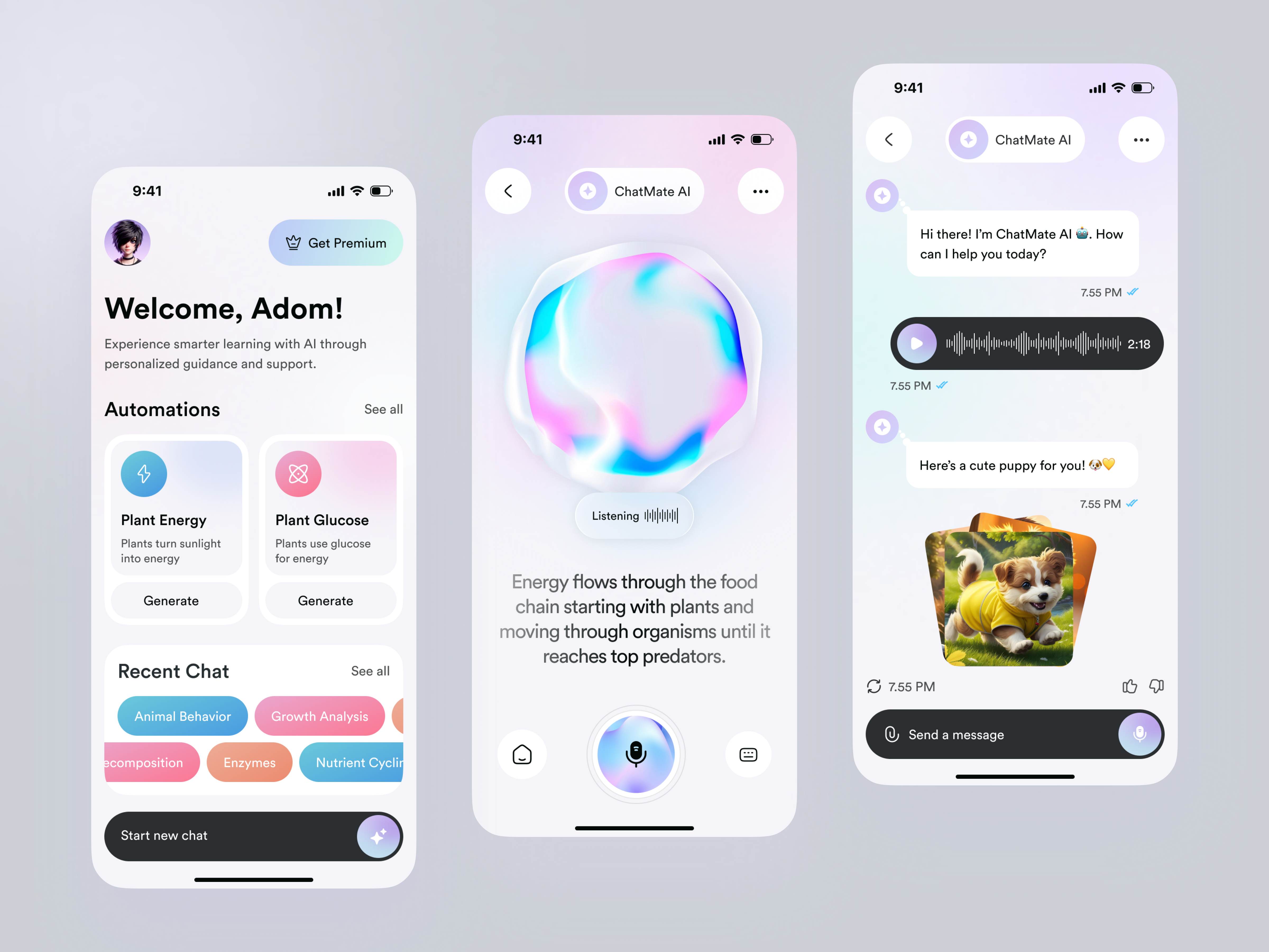 AI chatbot interface ai assistant ai chatbot ai tools app design chatbot design clean interface futuristic ui gen ai image generation ios light mode mobile ai mobile app neumorphic ui open ai product design robot assistant ui animation ux design voice interface