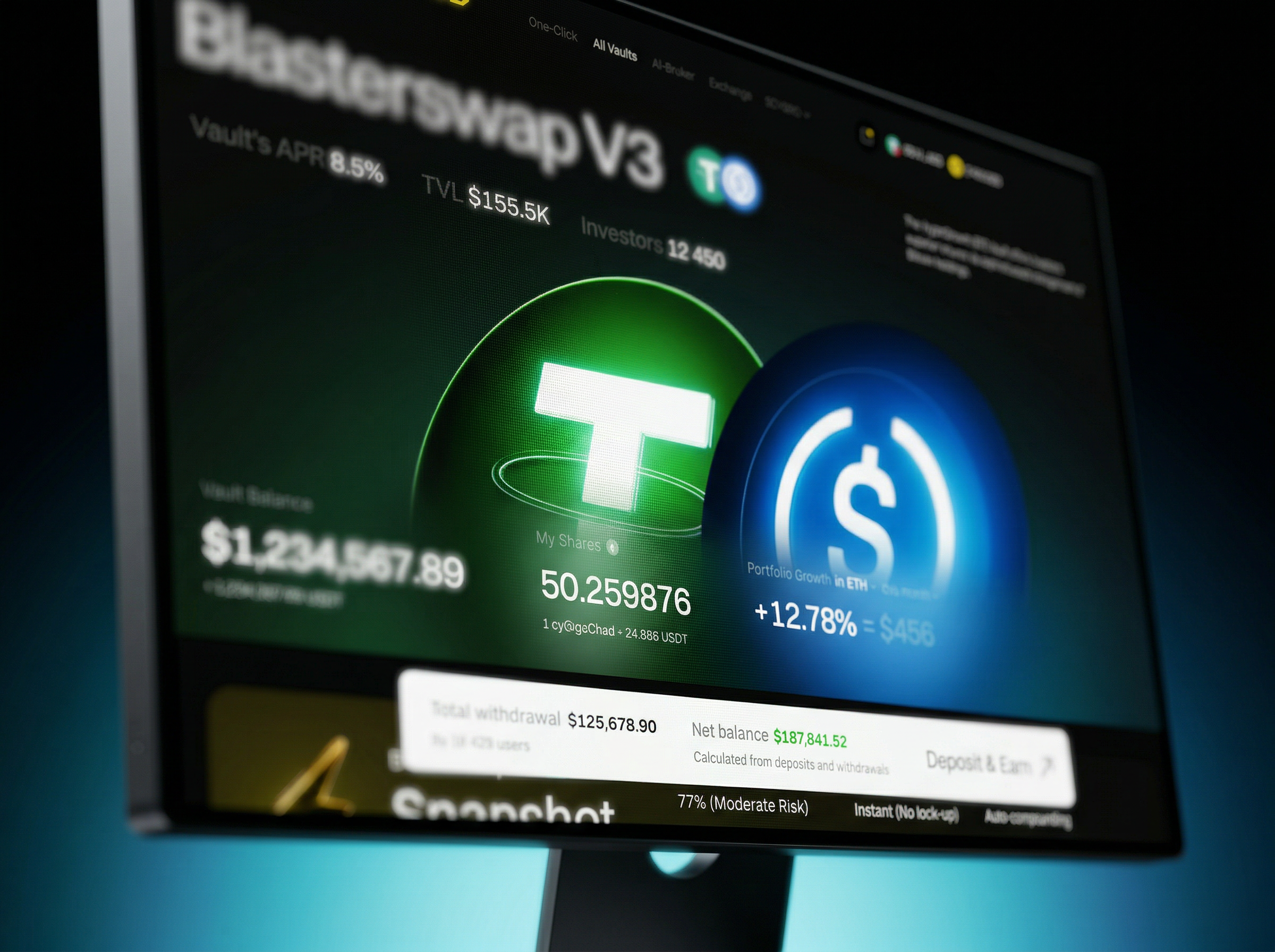 Crypto DeFi Vault Dashboard UI black ui branding crypto crypto ui dark ui dashboard data defi fintech interface mobile product ui swap uiux usdc usdt vault web3