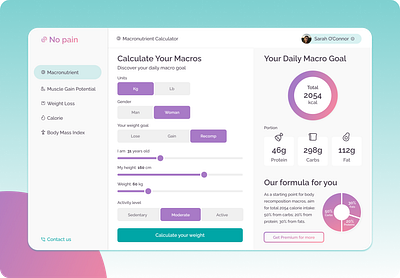 Macros Calculator Dashboard branding calculator dailyui dashboard design graphic design health web app illustration logo macros minimal ui ux website
