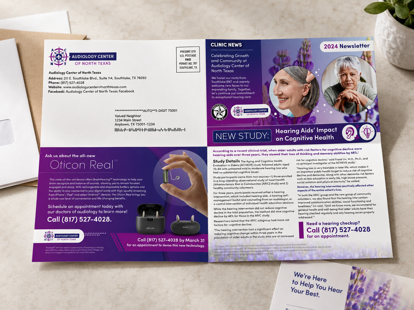 Audiology Center of North Texas - Newsletter Mailer Oticon Real advertising branding collateral corporatedesign graphic design mailer newsletter print typography
