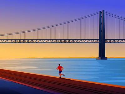 Running Man architecture art direction art illustration blue bridge city design digital art digital illustration draw illustration nature painting people running man sea sky sports vector vector illustration