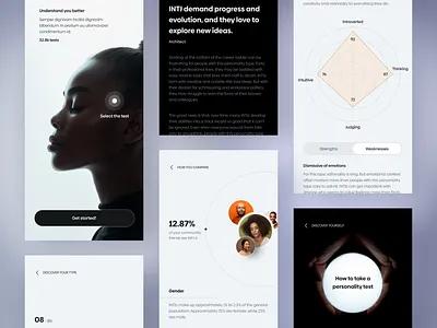 Personalities Test App app design chat community dark dark theme insights landing mobile app mobile app design mobile design onboarding profile survey test ui ux