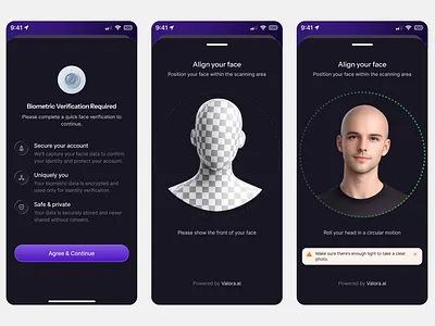 Valora - Biometric Verification ai biometric blockchain cryptoapps cryptotrading face fintech mobileappdesign mobileuiux trade tradingapp ui uiux user experience user interface ux verification web3