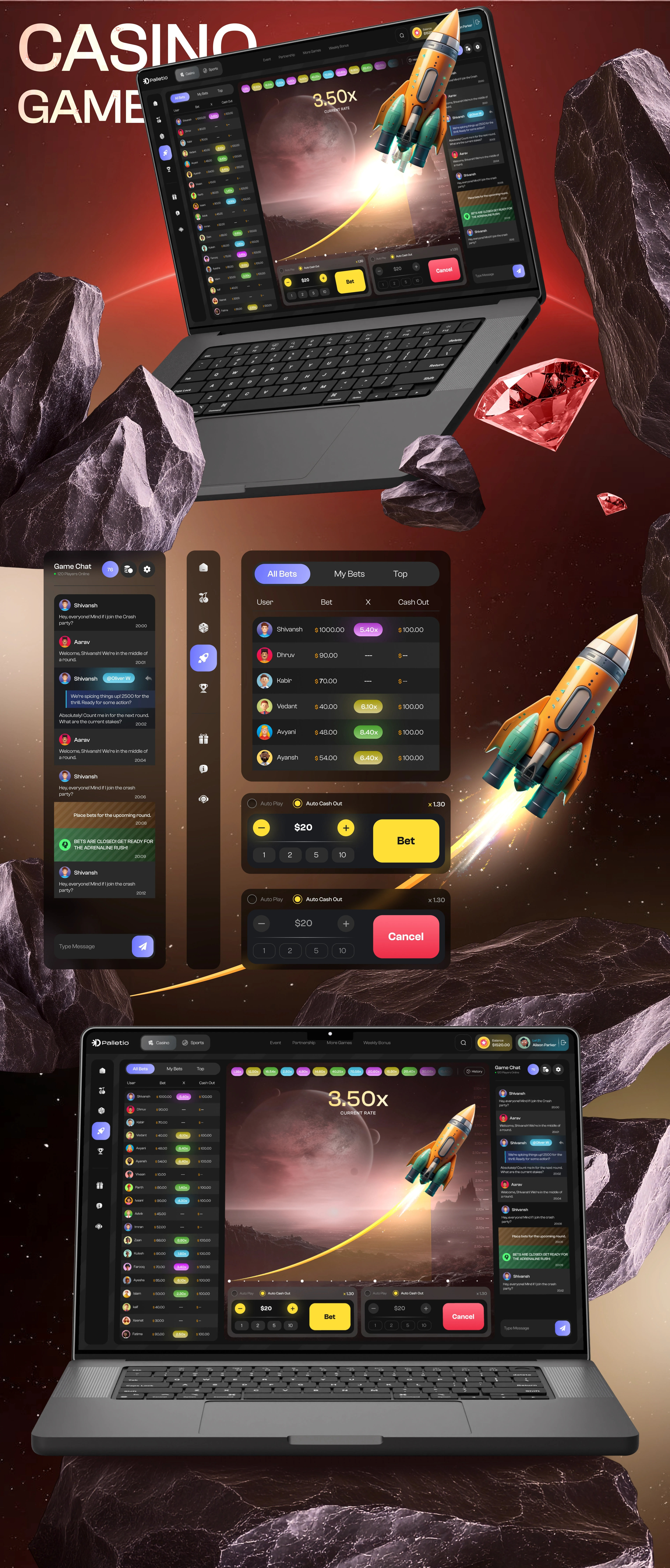 Crash Game UI Design — Real-Time Betting Dashboard betting casino darkui dashboard gaming interaction ui design uiux user experience user interface ux design webdesign