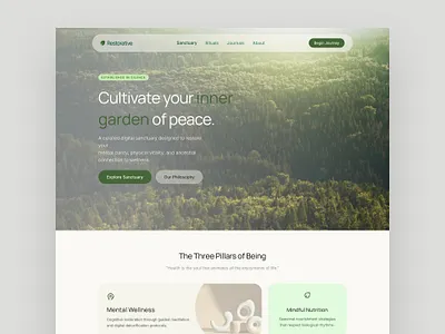 Restorative – Mental Wellness & Sanctuary Concept 🌿 branding cleanui landing page landingpage mentalhealth minimalist nature restorative ui ui ux design uidesign uiux webdesign wellness