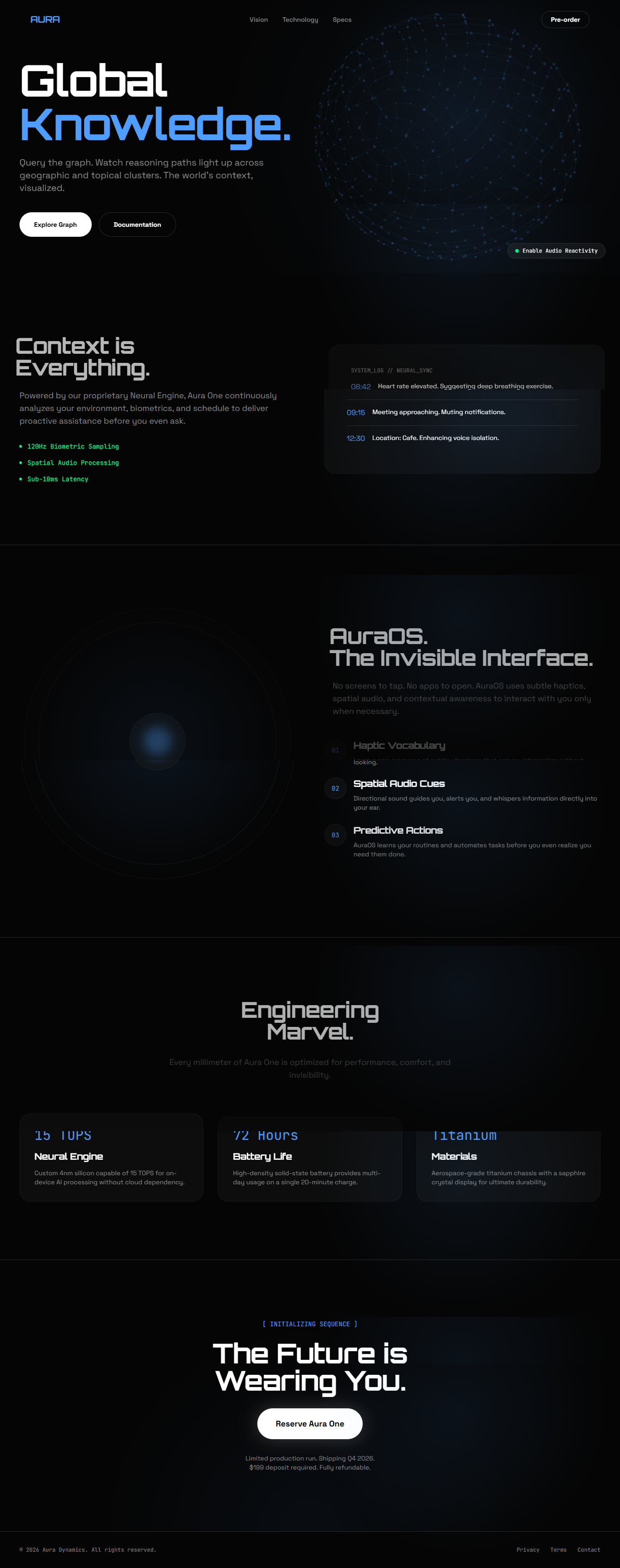 Aura Dynamics: The Aura One Landing Page 3d animation branding concept art design frontend landing page minimalism ui ui design ux design web design web development website design