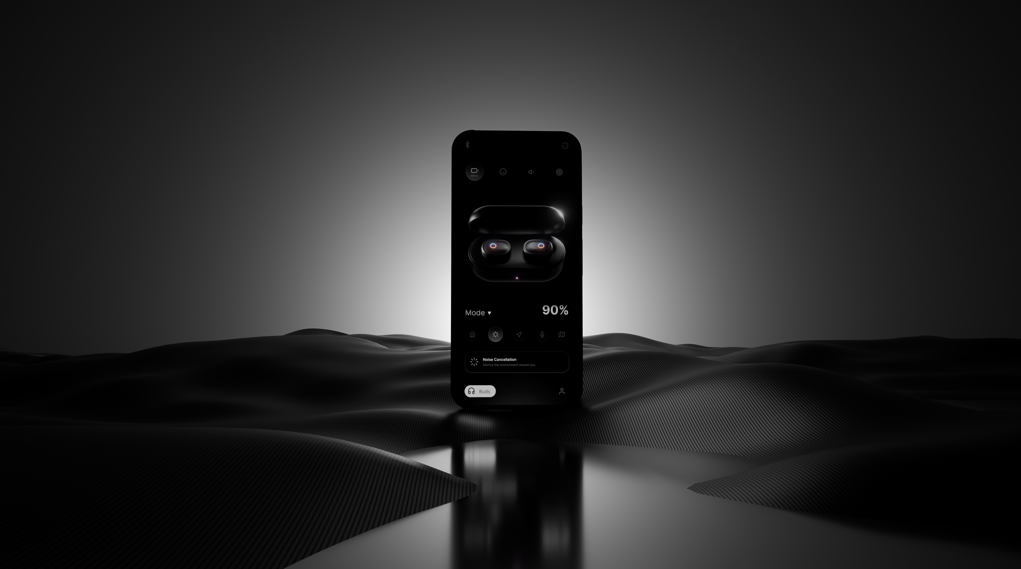 Noise buds - App Experience 3d animation audio app blender dark ui furistic interaction design interface design minimal mockup design product design sound design spatial ui ui ux